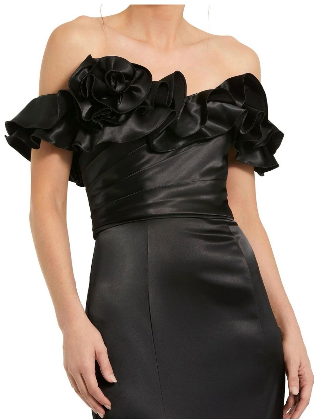 MACDUGGAL Off-Shoulder Black Satin Evening Gown with Floral Detail - Picture 2 of 7